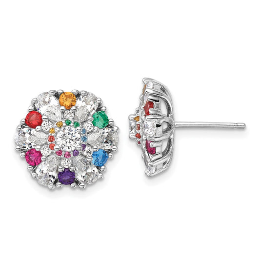 Rhodium-plated Sterling Silver Rainbow Nano Crystal & Clear CZ Post Earrings