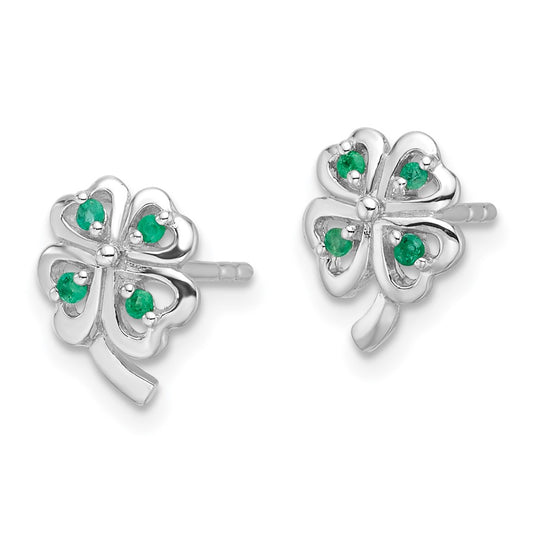 Rhodium-plated Silver Emerald Four Leaf Clover Post Earrings