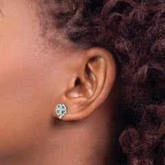 Rhodium-plated Silver Emerald Four Leaf Clover Post Earrings