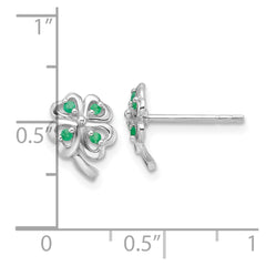 Rhodium-plated Silver Emerald Four Leaf Clover Post Earrings