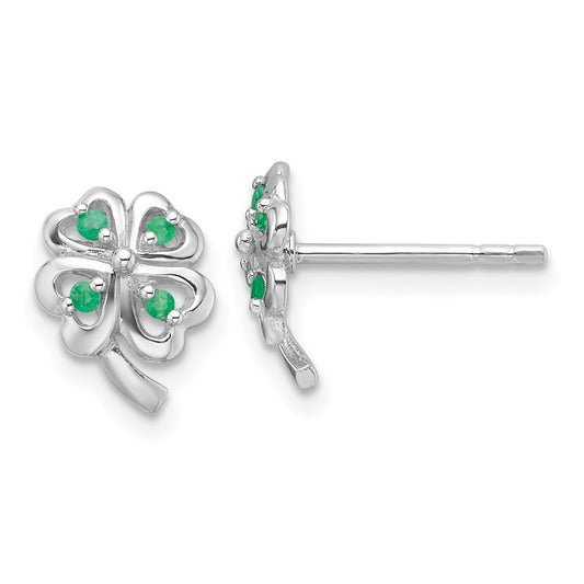 Rhodium-plated Silver Emerald Four Leaf Clover Post Earrings