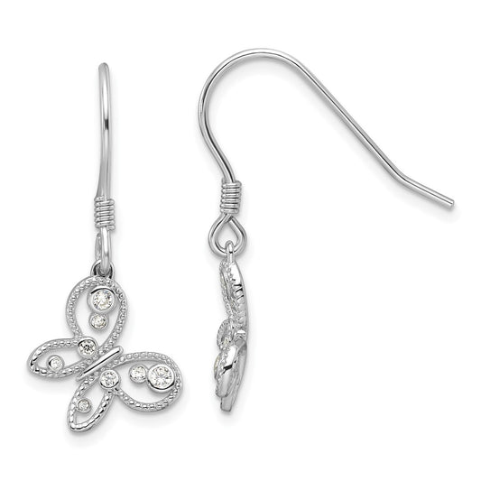Rhodium-plated Sterling Silver CZ Butterfly Shepherd Hook Earrings