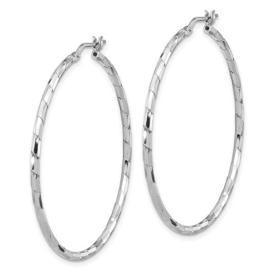 Rhodium-plated Sterling Silver Polished & Diamond-cut Large Round Hoop Earrings