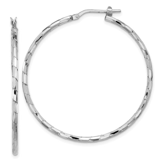 Rhodium-plated Sterling Silver Polished & Diamond-cut Large Round Hoop Earrings