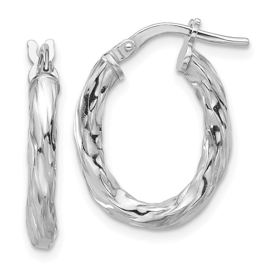 Rhodium-plated Sterling Silver Polished & Textured Twisted Oval Hoop Earrings