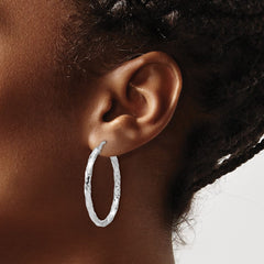 Rhodium-plated Sterling Silver Polished & Textured Twisted Oval Hoop Earrings