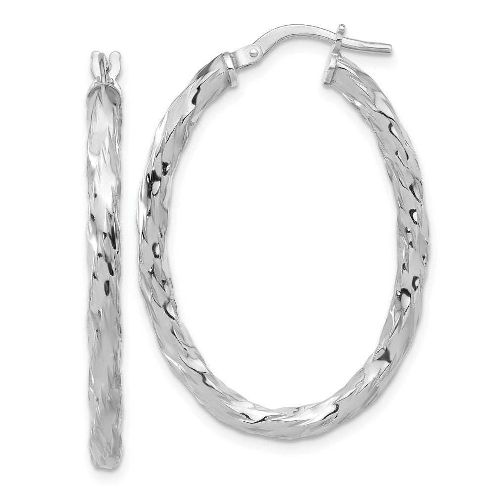 Rhodium-plated Sterling Silver Polished & Textured Twisted Oval Hoop Earrings