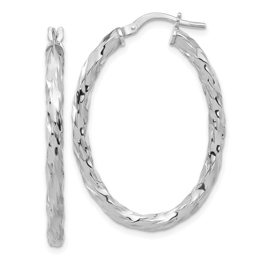 Rhodium-plated Sterling Silver Polished & Textured Twisted Oval Hoop Earrings