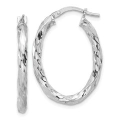 Rhodium-plated Sterling Silver Polished & Textured Twisted Oval Hoop Earrings