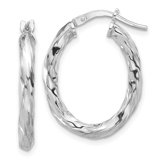 Rhodium-plated Sterling Silver Polished & Textured Twisted Oval Hoop Earrings