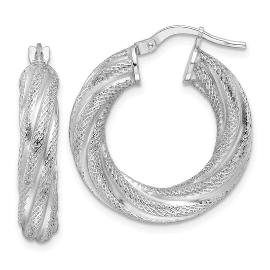 Rhodium-plated Sterling Silver 5mm Textured Twisted Hoop Earrings