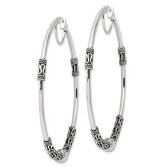 Sterling Silver Antiqued Fancy Beaded Hoop Earrings