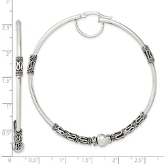 Sterling Silver Antiqued Fancy Beaded Hoop Earrings