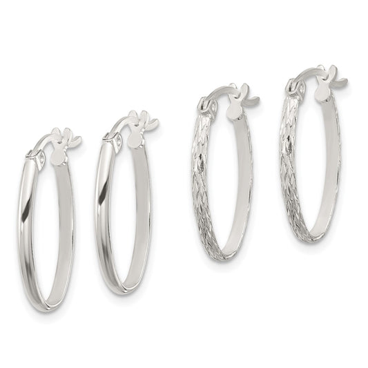 Sterling Silver Polished and Textured Diamond-cut Set of 2 Pairs of Oval Hoop Earrings