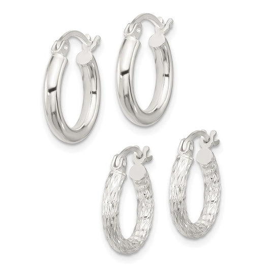 Sterling Silver Polished and Textured Diamond-cut Set of 2 Pairs of Hoop Earrings