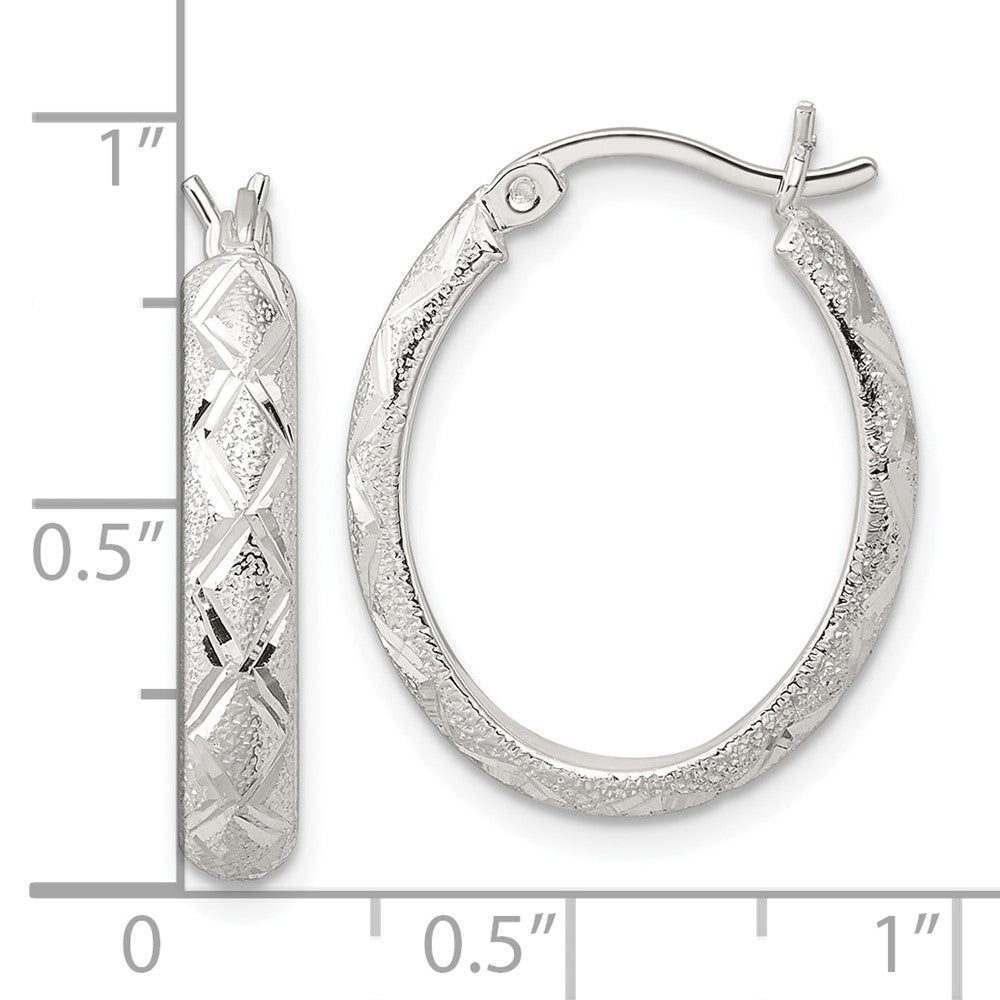 Sterling Silver Textured Diamond-cut Oval Hoop Earrings