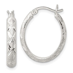 Sterling Silver Textured Diamond-cut Oval Hoop Earrings
