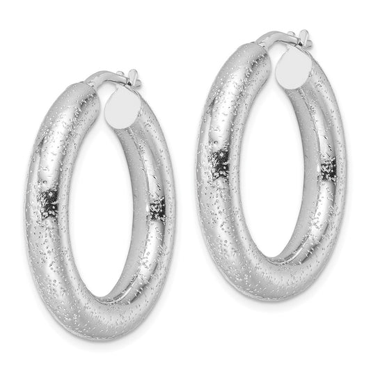 Rhodium-plated Sterling Silver Laser Cut 5mm Round Hoop Earrings