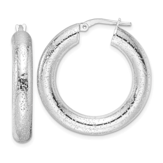 Rhodium-plated Sterling Silver Laser Cut 5mm Round Hoop Earrings