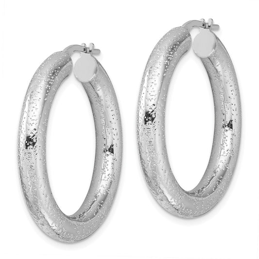 Rhodium-plated Sterling Silver Laser Cut 5mm Round Hoop Earrings