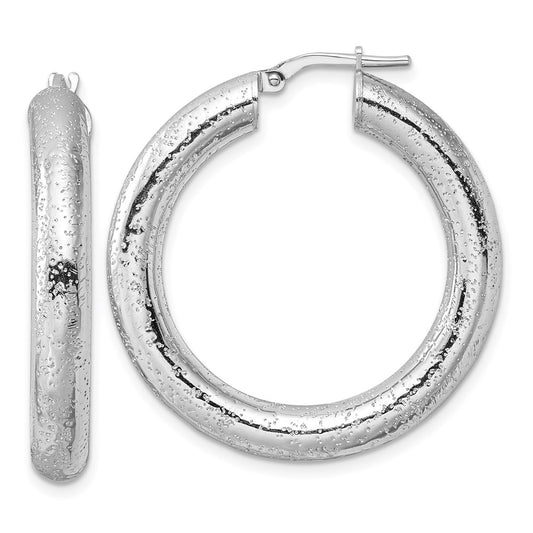 Rhodium-plated Sterling Silver Laser Cut 5mm Round Hoop Earrings