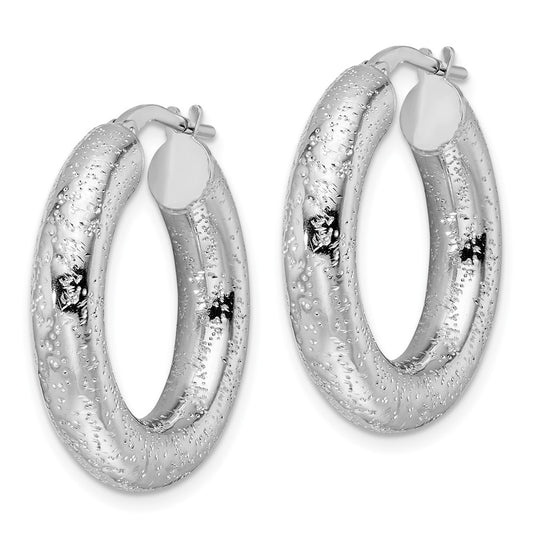 Rhodium-plated Sterling Silver Laser Cut 5mm Round Hoop Earrings