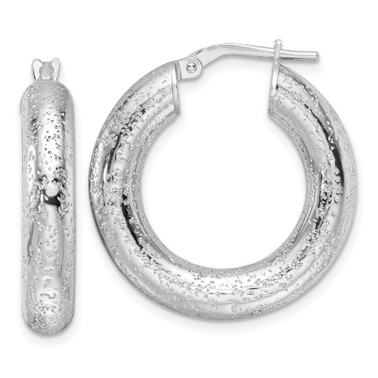 Rhodium-plated Sterling Silver Laser Cut 5mm Round Hoop Earrings