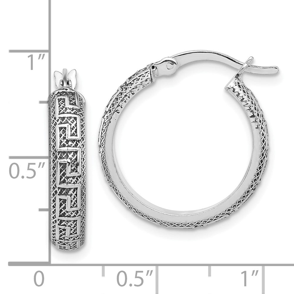 Sterling Silver Polished and Antiqued Greek Key Hoop Earrings