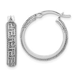 Sterling Silver Polished and Antiqued Greek Key Hoop Earrings