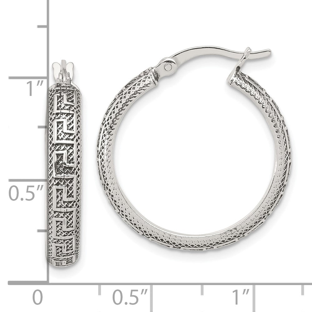 Sterling Silver Antiqued Textured Greek Key Hoop Earrings