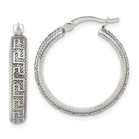 Sterling Silver Antiqued Textured Greek Key Hoop Earrings