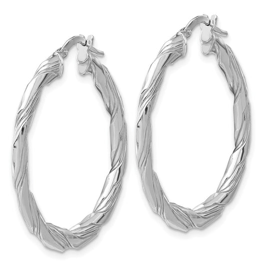 Rhodium-plated Sterling Silver Polished & Textured Twisted Hoop Earrings