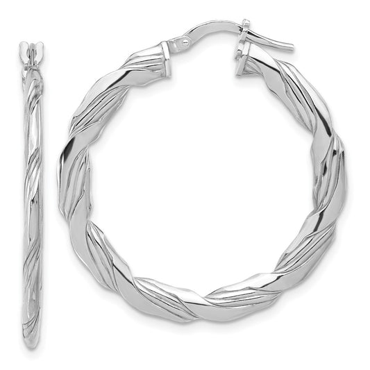 Rhodium-plated Sterling Silver Polished & Textured Twisted Hoop Earrings