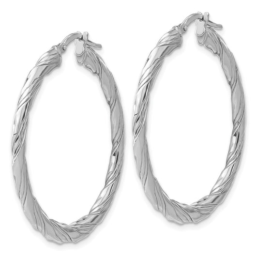 Rhodium-plated Sterling Silver Polished & Textured Twisted Hoop Earrings