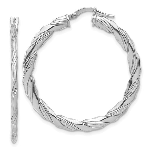 Rhodium-plated Sterling Silver Polished & Textured Twisted Hoop Earrings