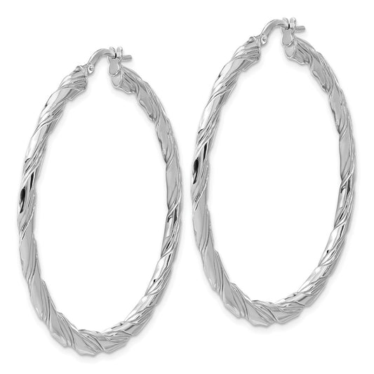 Rhodium-plated Sterling Silver Polished & Textured Twisted Hoop Earrings