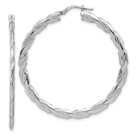 Rhodium-plated Sterling Silver Polished & Textured Twisted Hoop Earrings