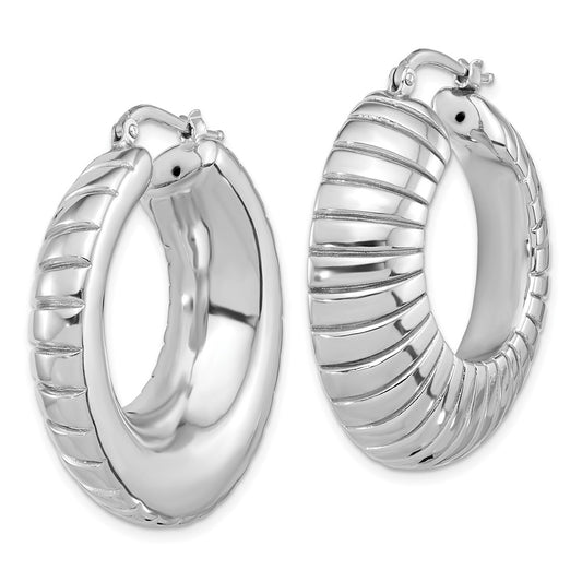 Rhodium-plated Sterling Silver Polished and Patterned Hoop Earrings