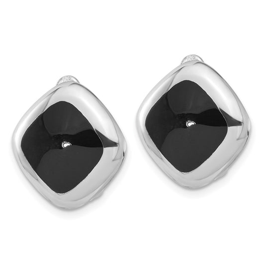 Rhodium-plated Sterling Silver Black Onyx Square Clip Non-pierced Earrings