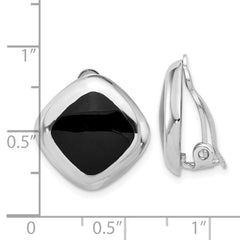 Rhodium-plated Sterling Silver Black Onyx Square Clip Non-pierced Earrings