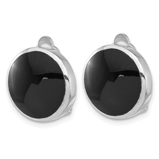 Rhodium-plated Sterling Silver Black Onyx Round Clip Non-pierced Earrings