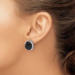 Rhodium-plated Sterling Silver Black Onyx Round Clip Non-pierced Earrings
