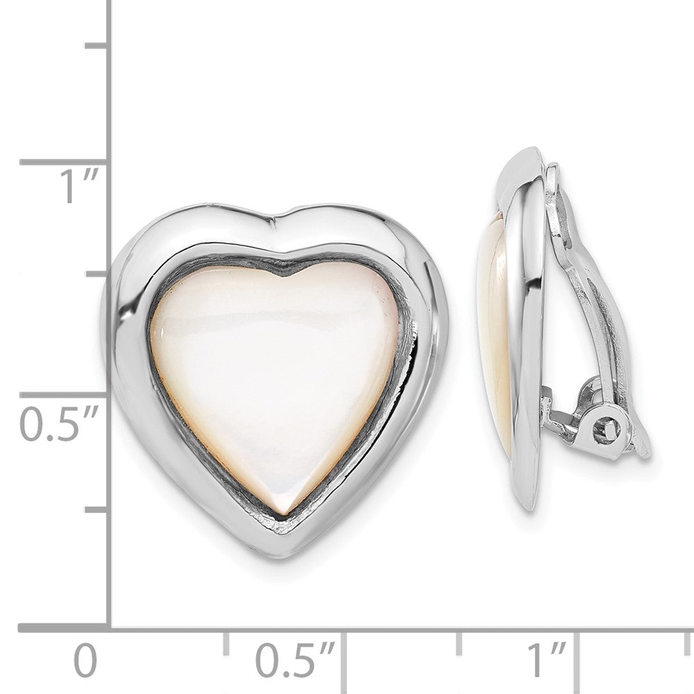 Rhodium-plated Sterling Silver Mother-of-Pearl Heart Non-pierced Earrings