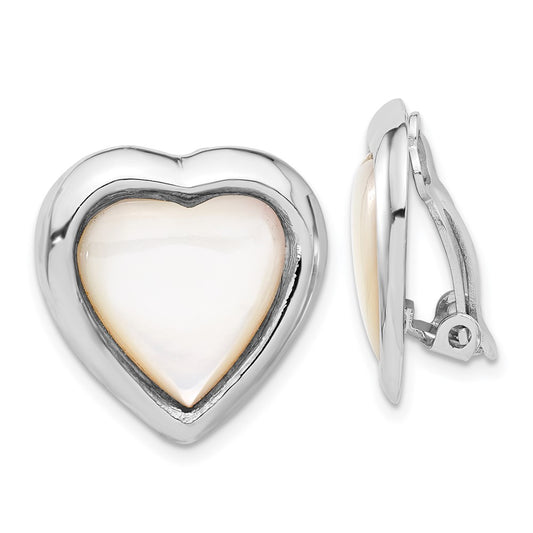 Rhodium-plated Sterling Silver Mother-of-Pearl Heart Non-pierced Earrings