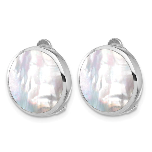 Rhodium-plated Sterling Silver Mother-of-Pearl Round Non-pierced Earrings