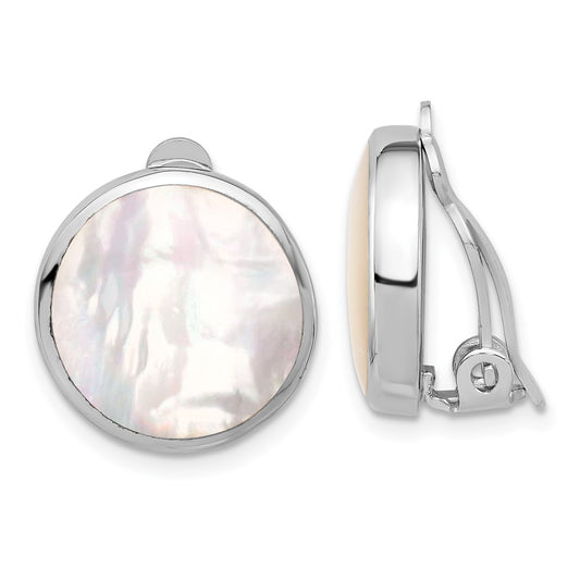Rhodium-plated Sterling Silver Mother-of-Pearl Round Non-pierced Earrings