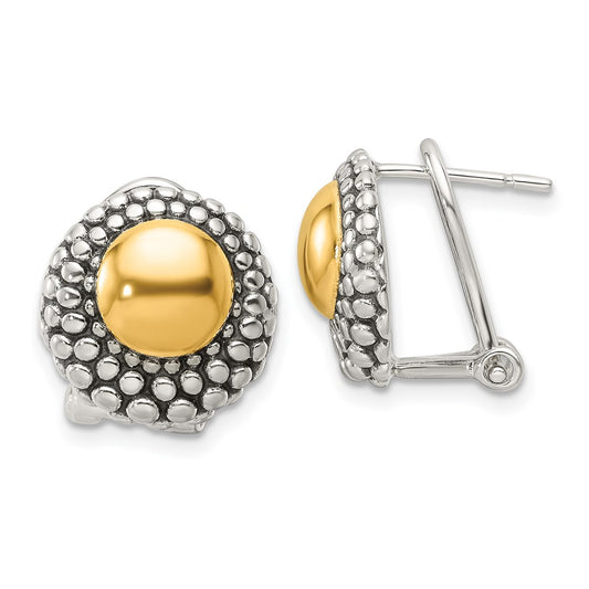 Sterling Silver Antiqued & Gold-tone Circle Omega Back Post Earrings