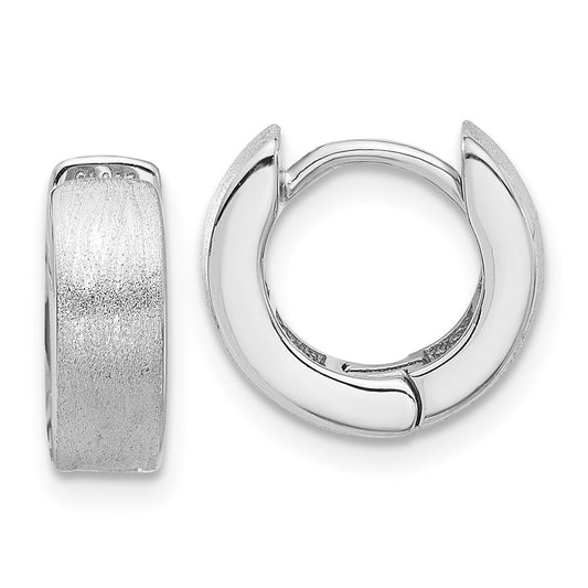 Rhodium-plated Sterling Silver Brushed 4x13mm Hinged Huggie Hoop Earrings