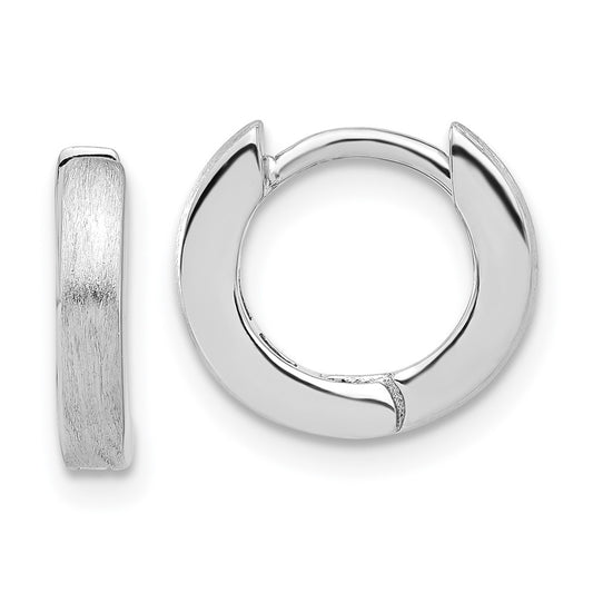 Rhodium-plated Sterling Silver Brushed 3x13mm Hinged Huggie Hoop Earrings