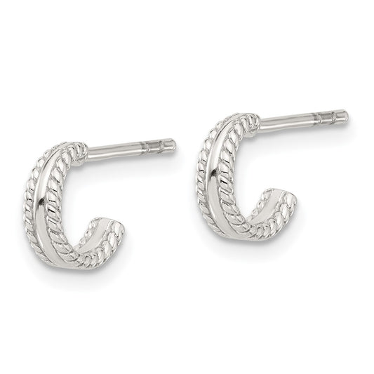 Sterling Silver E-coated Textured Edge Post Hoop Earrings